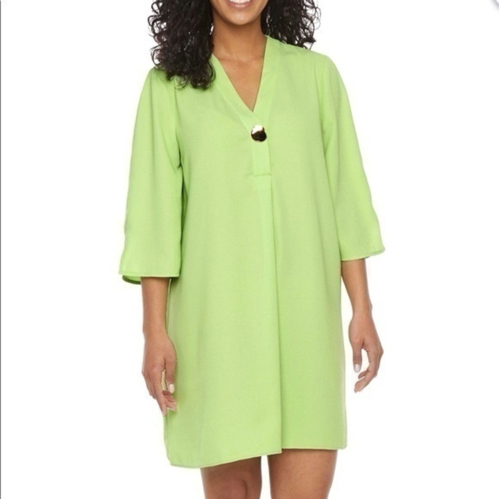 Worthington 3/4 Sleeve V Neck Shift Dress in Monticello Green size M